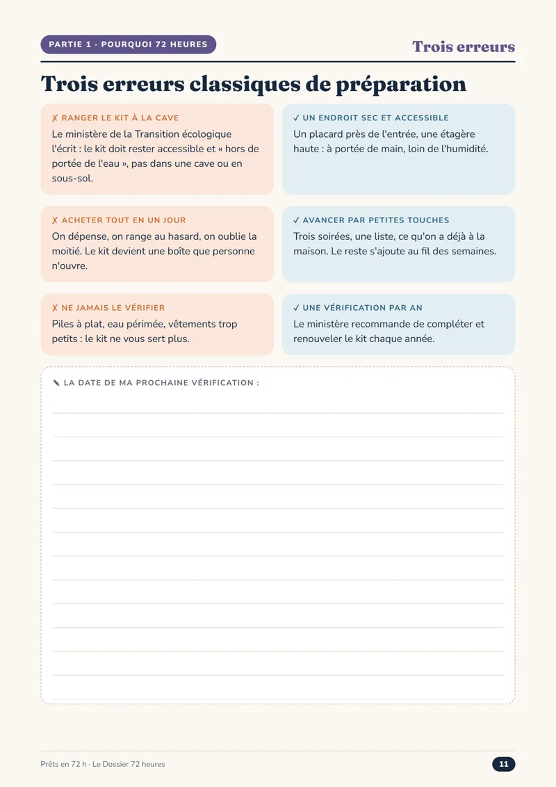 Page « Trois erreurs classiques de préparation » du Dossier 72 heures