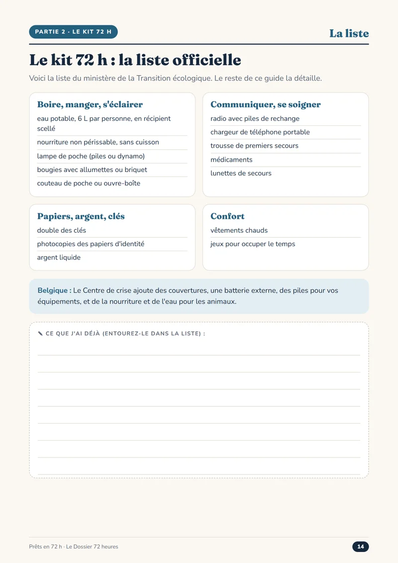 Page « Le kit 72 h : la liste officielle » du Dossier 72 heures